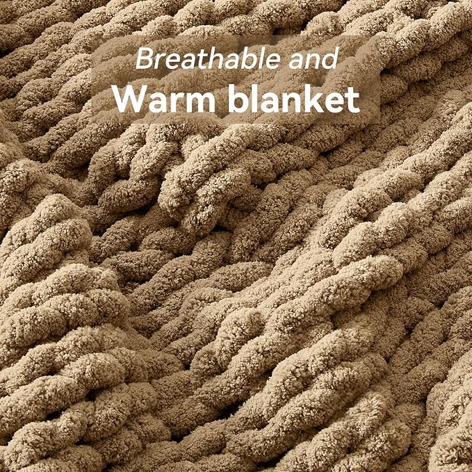 Negwoo Chunky Knit Throw Blanket, Knitted Throw Chenille Yarn, 80"*90" | Soft Thick Cable Knitted Blankets, Handmade Big Thick Blanket, Machine Washable Cute Comfy Blanket for Home Decor,Light brown