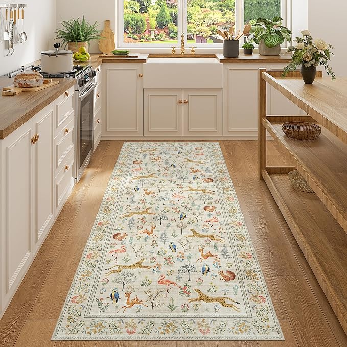 DUKINO 3x7 Hallway Runner Rug, Non Slip Animal Kitchen Runner Rug, Beige | Soft, Low Pile, Stain Resistant Indoor Carpet Runner for Entryway, Bedroom, Bathroom, Laundry, Pet Friendly, Home Decor