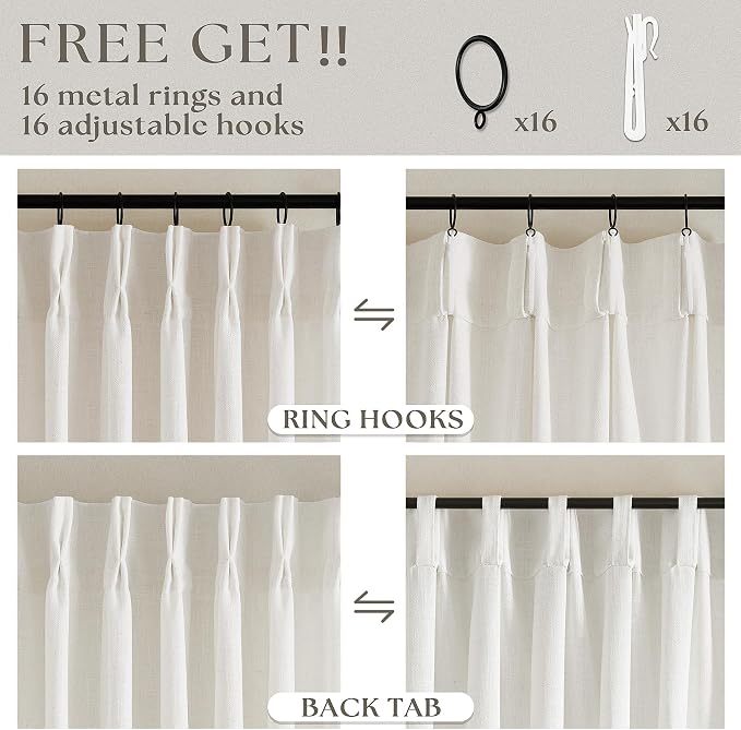 102 Inch Long Curtains Pinch Pleat Linen Curtains for Living Room Bedroom 2 Panels Natural Cream Light Filtering Privacy Neutral 102 Inch Pleated Drapes Hooks Rings Back Tab for Window Sliding Door