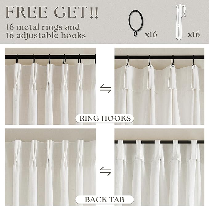 Natural Linen Pinch Pleated Curtains 120 Inches Long for Living Room Pleated Drapes Hooks Back Tab Thick Linen Textured Boho Farmhouse Cream Ivory Birch Extra Long 120 Inch Curtain for Dining Bedroom