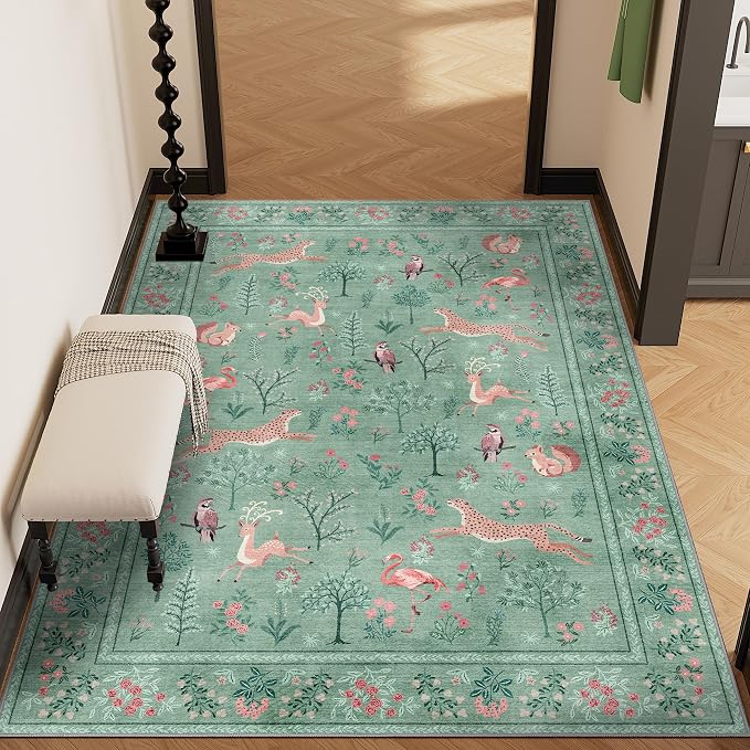 DUKINO 3x5 Rug, Washable Animal Area Rug for Bedroom Non Slip, Teal | Low Pile, Stain Resistant, Soft Indoor Carpet for Living Room, Kitchen, Dining Room, Nursery, Lightweight, Pet Friendly