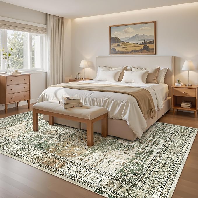 Soalmost 5x7 Area Rug Low Pile Washable Trendy Faded Style Rug, Olive Beige | Vintage Non-Slip Indoor Accent for Bedroom Dining, Foldable Stain Resistant Floor Carpet Mat Under Table Home Office Decor
