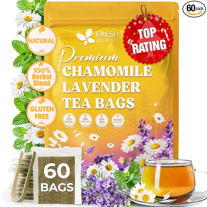 FreshDrinkUS, Premium 60 Chamomile Lavender Tea Bags, Calming Herbal Blend Strong Support for Relaxation & Better Sleep | Naturally Caffeine-Free Bedtime Tea with Soothing Floral Aroma, 100% Natural, Hand-made No Sugar/ Caffeine/ Gluten, Vegan