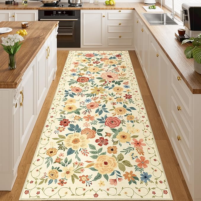DUKINO 3x8 Hallway Runner Rug, Washable Kitchen Rug Non Slip, Beige Yellow | Soft, Low Pile, Floral Indoor Carpet Runner for Hallway, Entryway, Bedroom, Bathroom, Laundry, Pet Friendly, Home Decor