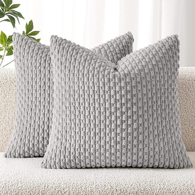 MIULEE Euro Sham Decorative Throw Pillow Covers 24x24 Light Grey Corduroy | Textured Striped Pack of 2 Striped Pillow Covers Modern Farmhouse Home Decor for Couch Bed Sofa Living Room