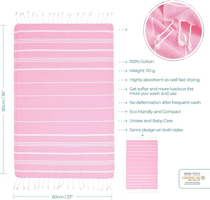Cacala 100% Turkish Cotton Kitchen Tea Towels, Highly Absorbent Luxury Soft Quick Drying Dish Towel with Hanging Loop for Gym, Yoga, Bath, Sports, Cleaning and Kitchen (23 x 36), Sugar Pink