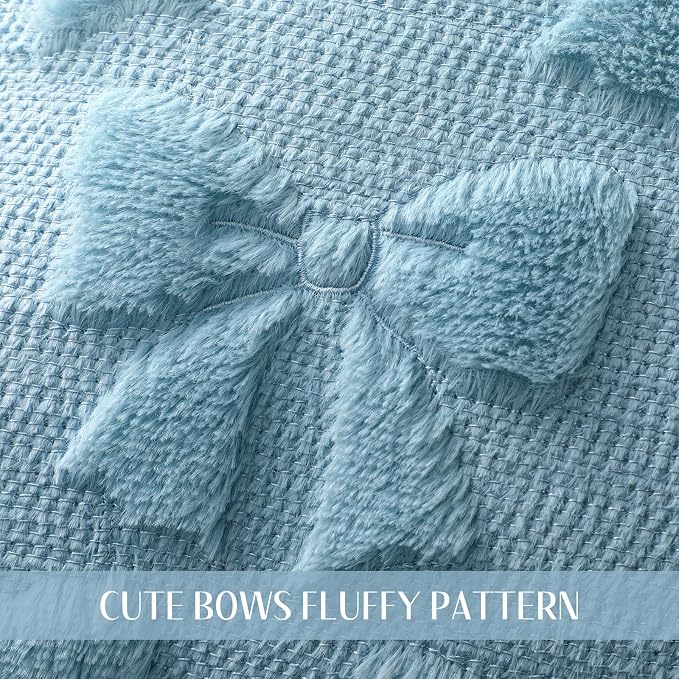 Mixweer Blue Bow Pillow Covers Set of 2 Preppy Room Decor Coquette Cute Spring Summer Decorative Faux Fur Soft Bowknot Stuff Fluffy Plush Aesthetic Pillowcase for Bed Sofa Couch (20 x 20 Inch)
