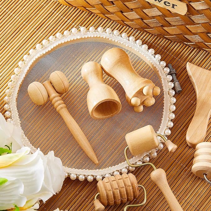 Boao 7 Pcs Wood Therapy Massage Tools Set, Wooden Face Massage Tool & Roller Kit for Lymphatic Drainage Care, At-Home Relaxation & Facial Care, Natural Wood