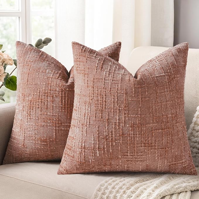 decorUhome Textured Chenille Throw Pillow Covers 20x20 Set of 2 Pink | Fall Modern Farmhouse Soft Cozy Slubby Couch Pillow Cases Boho Decorative Pillow Cases for Bed Sofa Living Room Home Decor