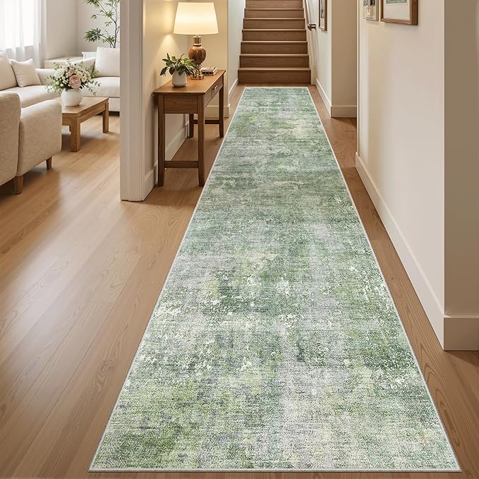 Soalmost Abstract Runner Rug 2x10 Hallway Kitchen Runners Green/Ivory | Vintage Washable Rugs for Bathroom Laundry Room, Low Pile Stain Resistant Floor Carpet Mat Entryway Corridor Bedroom
