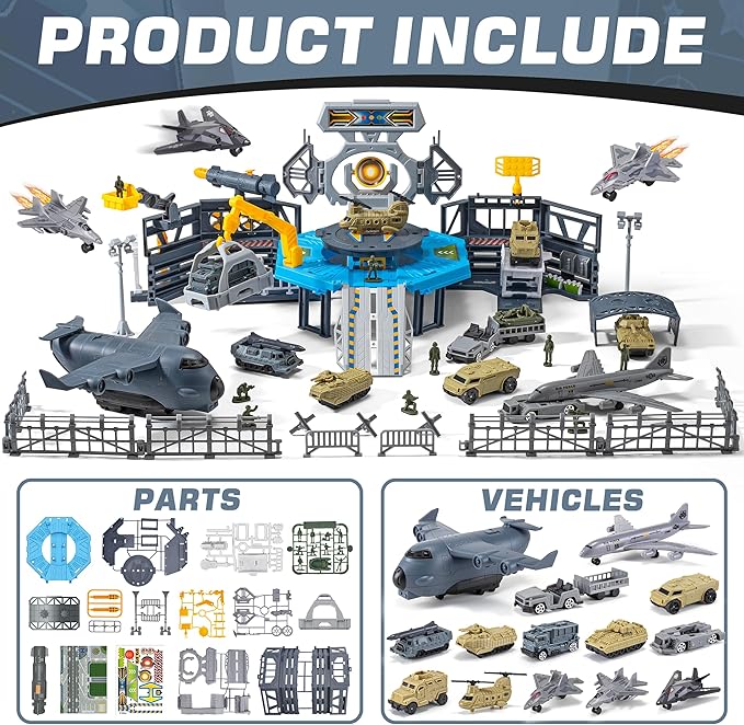 Military Base Toy, Army Toys Set with 14 Vehicles Airplane Tank Trucks Helicopter Fighter Jet, Play Mat with Army Men Action Figures and Accessories, Birthday Gift for Kids