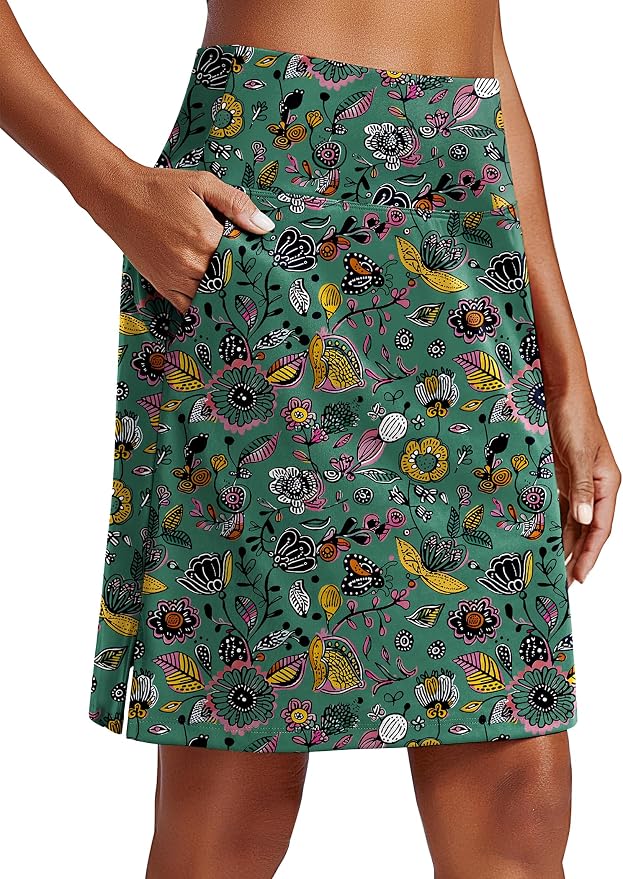 PINSPARK 20" Skorts for Woman Knee Length UPF 50+ Golf Skirts | 4 Pockets, Built-in Shorts, High Waisted, Split Hem, Silky-smooth, Moisture-wicking, for Golf Athletic Tennis Workout Casual