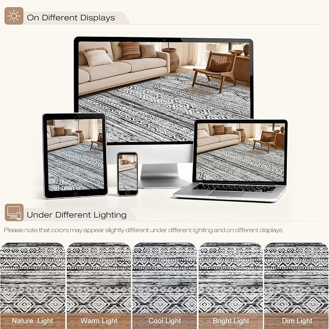 cotiled 9x12 Area Rugs Living Room Rug: Washable Boho Rugs with Non Slip Backing Large Soft Indoor Stain Resistant Carpet for Bedroom Farmhouse Dining Room Lightweight Home Decor White/Black