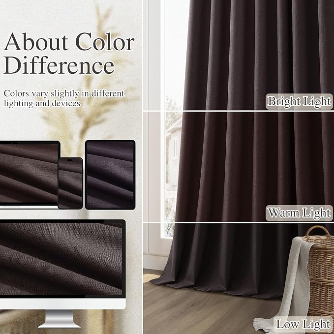 Guken 100% Blackout Curtains 90 Inch Length 2 Panels Set for Living Room Bedroom Back Tab Thermal Insulated Black Out Linen Drapes Room Darkening Cocoa Coffee,52x90