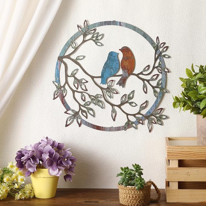 Ferraycle Metal Wall Art Bird on Tree Branch Silhouette Bird Hanging Ornament Porch Wall Decor for Living Room Outdoor Garden Bedroom Office Housewarming Party Decoration(Retro Color)