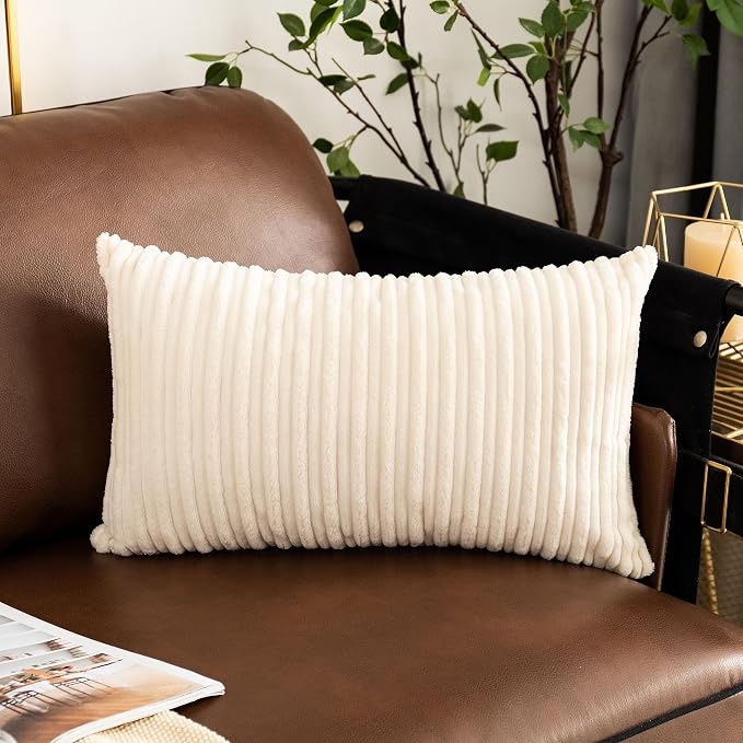 UGASA 14x20 Inch Pillow Cover Pack of 1 Soft Boho Stripe Corduroy Long Rectangular Lumbar Cushion Cover Farmhouse Decorative Throw Pillowcase for Bed, Couch, Sofa, Bedroom, Living Room, Cream