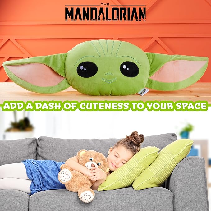 Disney Stitch 3D Plush Cushions for Bed Travel, Cute Cuddle Pillow Stuffed Character Pillow, Bedroom Accessories, Room Decor, Gifts for Kids (Green Baby Yoda, L14.96 x W10.23)