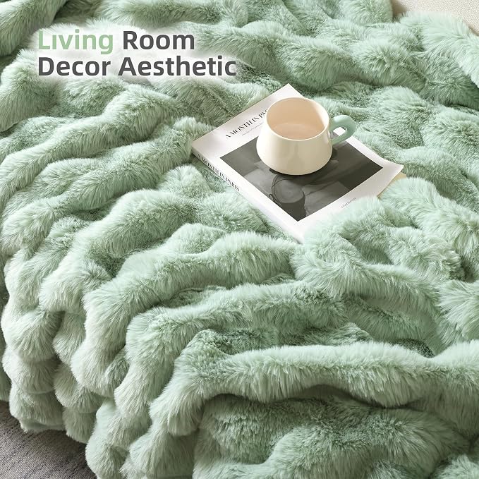 Faux Rabbit Fur Throw for Couch - Sage Green Bubble Blanket 50"x60" | Fluffy Plush Fuzzy Throw for Sofa & Bed, Super Soft Cozy Comfrt Blanket, Luxury Aesthetic Sage Green Decor Gift for Women