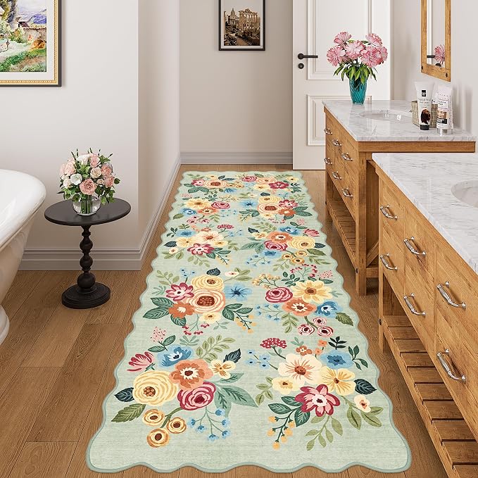 DUKINO 3x8 Kitchen Runner Rug, Soft Floral Washable Rug for Hallway, Green | Low Pile, Stain Resistant Throw Rug Runner for Entryway, Bedroom, Bathroom, Laundry, Pet Friendly, Modern Home Decor