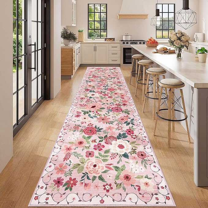 DUKINO 3x12 Washable Runner Rug, Long Hallway Runner Rug Non Slip, Pink | Soft, Low Pile, Floral Indoor Runner Rug for Kitchen, Entryway, Bedroom, Bathroom, Laundry, Modern Home Decor, Non-Shedding