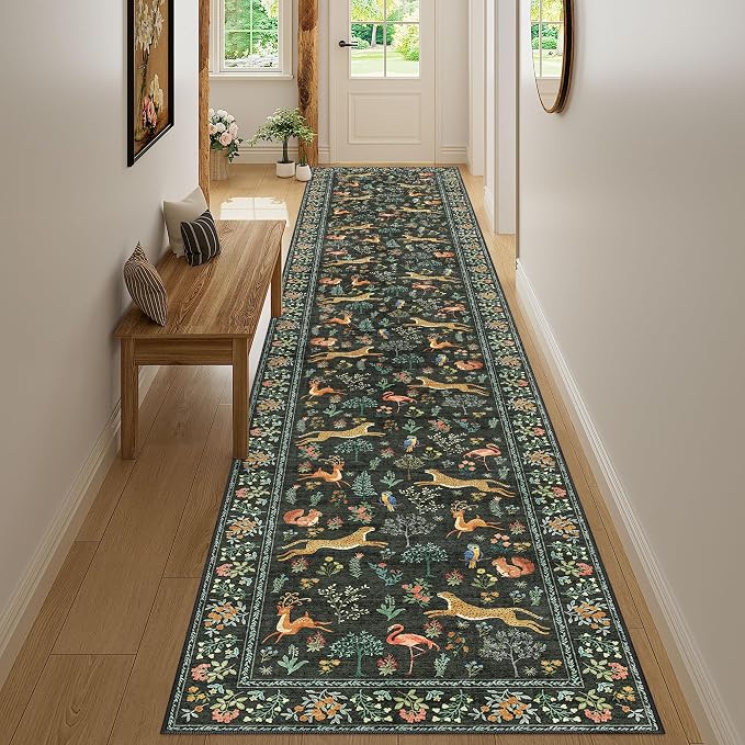 DUKINO 2.6x14 Runner Rug for Hallway, Washable Animal Rug Non Slip, Black | Soft, Low Pile, Stain Resistant Indoor Long Runner Rug for Entryway, Kitchen, Bedroom, Bathroom, Pet Friendly, Non-Shedding