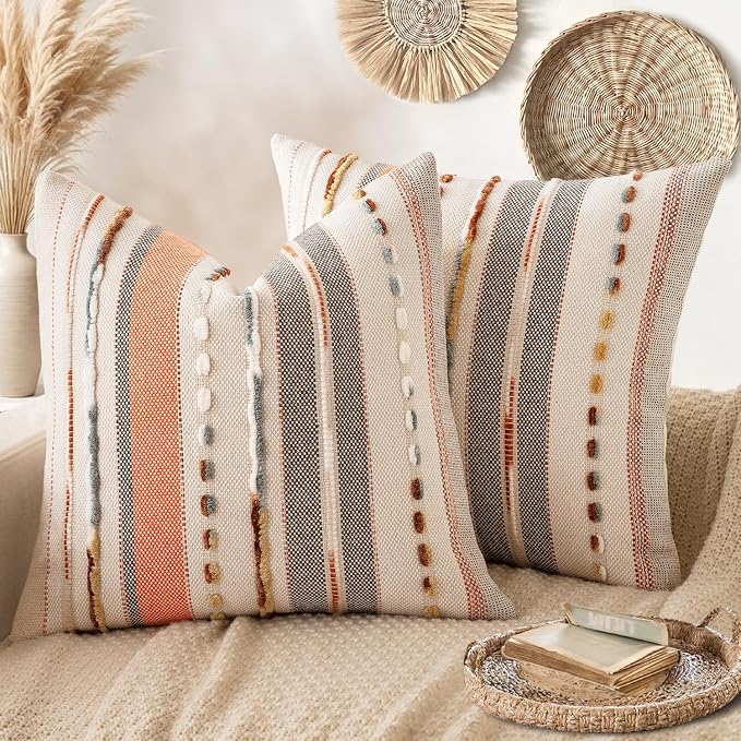 ANRODUO Boho Decorative Throw Pillow Covers Pink Stripe 18x18 Pack of 2 | Throw Pillow Covers, Farmhouse Cushion Case, Chenille Pillow Cases, Pillow Covers, Accent Neutral Pillowcase for Sofa Couch