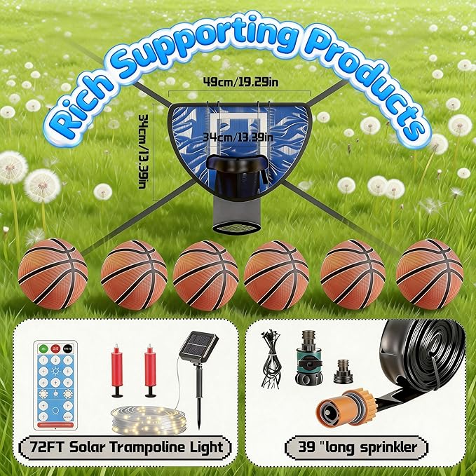 Trampoline Accessories Kit for Kids - 4-in-1 Summer Fun (Basketball Hoop + 72FT Solar Colored Lights + Water Sprinkler+ 3 Grid Shoe Bags)-Fits 8-16ft Trampolines