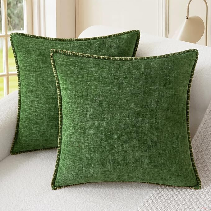 CaliTime Decorative Couch Throw Pillow Covers 20 X 20 Inches Forest Green | Pack of 2, Cozy Chenille Cushion Cases, Cotton Thread Stitching Edges, for Sofa Bed Living Room Farmhouse