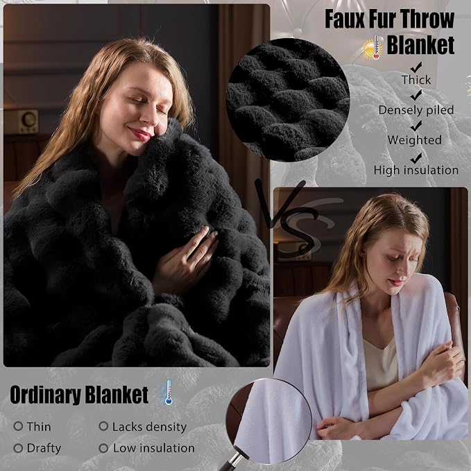 Faux Fur Throw Blanket for Couch, Fluffy Fuzzy Plush Bubble Blanket, Soft Warm Cozy Shaggy Rabbit Blanket, Luxury Decorative Gifts for Sofa Bedroom Living Room, 60x50inch (Black)