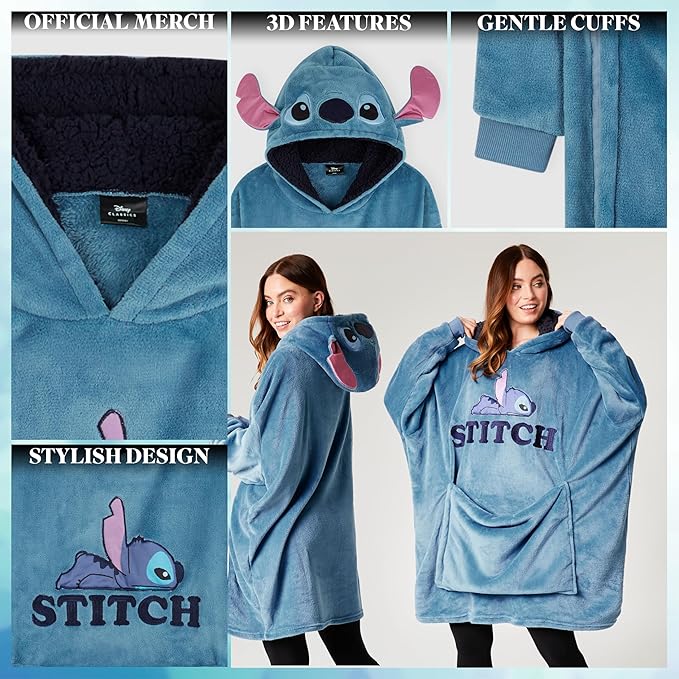Disney Stitch Blanket Hoodie - Adults 2 in 1 Oversized Fleece Hoodie Baby Yoda Minnie Mouse - Stitch Gifts