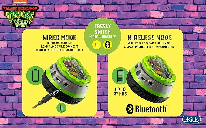 eKids Bluetooth Headphones for Kids, Wireless Headphones with Microphone, Includes Aux Cord (Ninja Turtles)