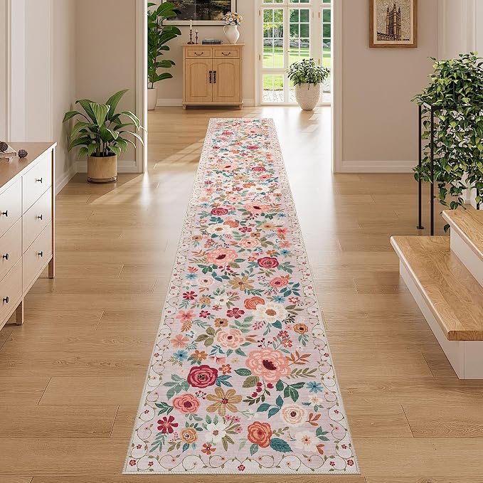 DUKINO 2x12 Washable Runner Rug, Non Slip Long Kitchen Runner Rug, Beige | Floral, Low Pile, Soft Indoor Rug Runner for Hallway, Entryway, Bedroom, Bathroom, Laundry, Pet Friendly, Modern Home Decor