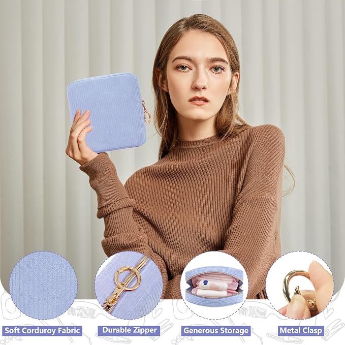 Period Bag for Girls, Corduroy Period Kit with Sanitary Pad Pouch, Menstrual Storage Bag and Tampon Holder for Purse, Girls School Essentials,Feminine Care Organizer(Lilac)