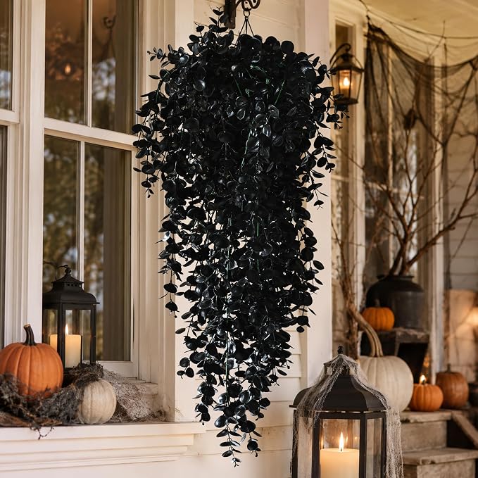 Waipfaru 4Pcs Artificial Hanging Plants, Black Halloween Wall Decor | Fake Plants Eucalyptus Leaves for Outdoors UV Resistant Plants Outdoor Indoor Bedroom Living Room Porch Shelf Decor