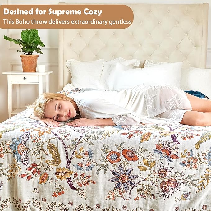 VANJOROY Boho Throw Blanket, 100% Organic Cotton Breathable Skin-Friendly Ultra Soft Bed Quilt Throw - All Season Floral Farmhouse Décor Luxury Blanket for Sofa Couch Chair and Gift. 91" x 98"