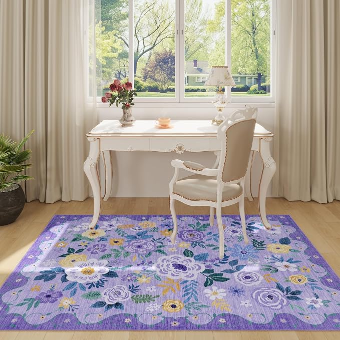 DUKINO 4x6 Area Rug, Floral Washable Rug Non Slip Office Chair Mat, Purple | Low Pile, Stain Resistant, Soft Indoor Rug for Bedroom, Living Room, Dining Room, Kids Room, Pet Friendly, Modern Home Decor