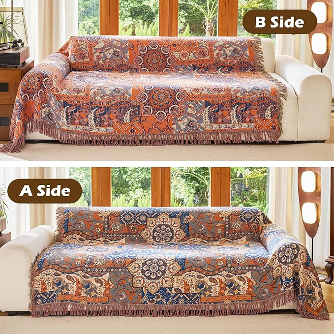 VANJOROY Boho Throw Blanket for Bed Couch 80" x 90", 100% Organic Cotton Skin-Friendly Ultra Soft Quilt Throw - Floral Rustic Living Room Decor Luxury Reversible Blanket for Sofa Chair and Gift