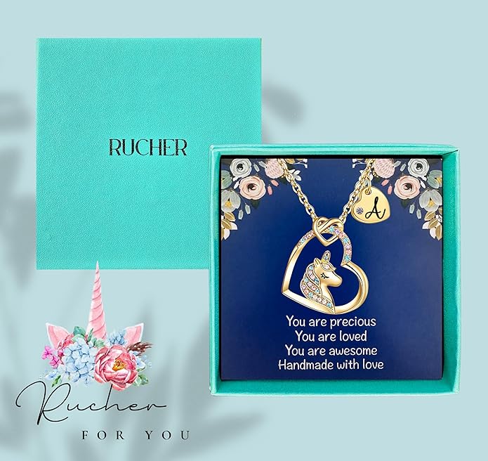 Valentines Day Gifts for Kids Girls - Unicorn Necklace for Girls with Initial Heart Pendant & Gift Box, 18K Gold Fashion Kids Jewelry, Colorful Heart Necklace for Birthdays & Costume Parties.