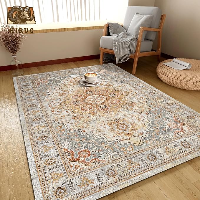 Washable Area Rug 3' x 5 ' Vintage Traditional Persian Mat - Foldable Distressed Non-Slip Machine Washable Carpet for Living Room Bedroom Kitchen Home Decor - Dove Gray and Coral
