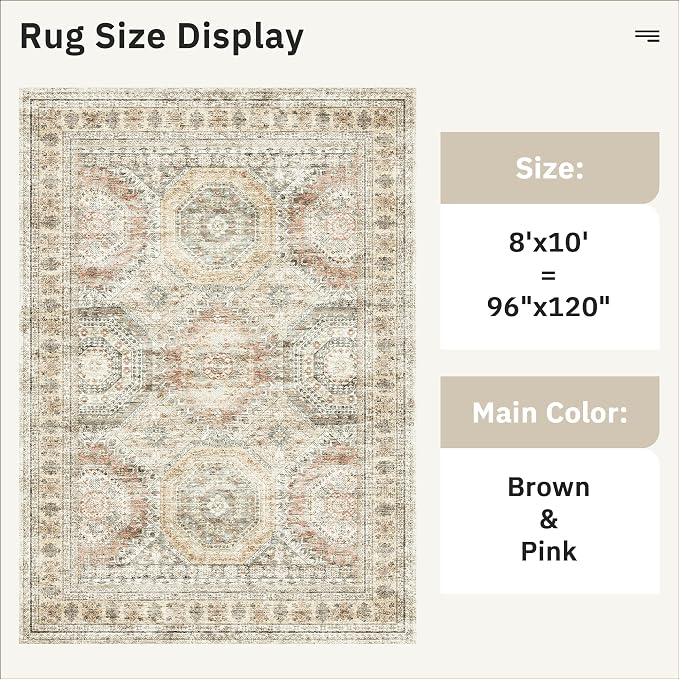 Soalmost Washable Area Rug 8x10 Large Soft Living Room Rugs Brown/Pink | Vintage Non-Slip Carpet for Dining Bedroom, Stain Resistant Low Pile Foldable Lightweight Floor Mat Under Table Home Decor