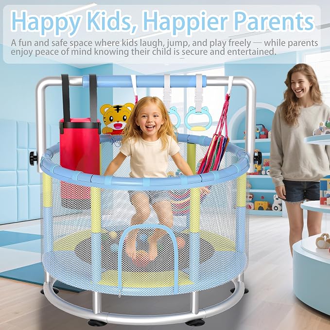 55" Kids Indoor Trampoline with Safety Net, Adjustable Gymnastics Bar & Toys – Indoor/Outdoor Toddler Play Gym for Boys & Girls Ages 3+, Birthday Gifts