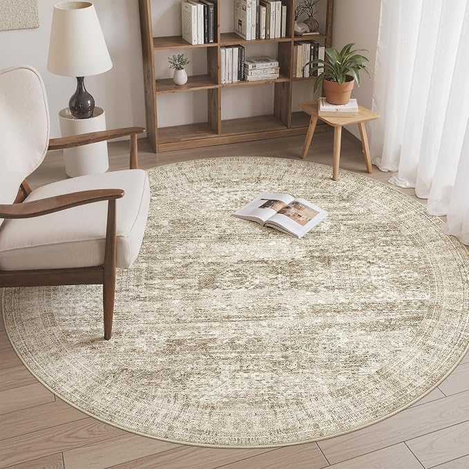 Soalmost 6x6 Brown Round Rug 6ft Circle Living Room Area Rugs Non-Slip | Washable Vintage Indoor Carpet for Dining Bedroom, Low Pile Stain Resistant Foldable Floor Mat Entryway Home Office Decor