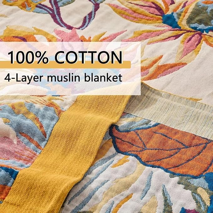 Boho Throw Blanket Farmhouse Decor Throw Blanket Bohemian Blanket for Bed 100% Cotton Muslin Woven Couch Blanket All Seasons Quilt Bedroom (D-Yellow, 90"x98")