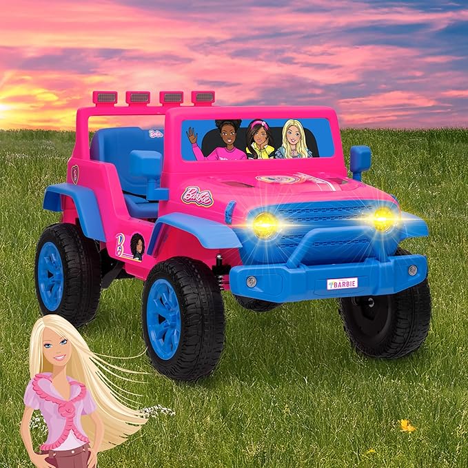 Barbie - 12V Kids Ride-On Jeep with Rechargeable Battery, LED Headlights, Press-Button Start, Durable Wheels, Forward & Reverse Drive, Contoured Seat