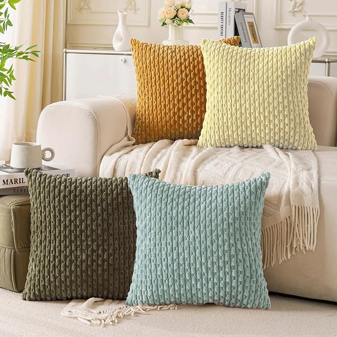 Set of 4 Pale Yellow Decorative Throw Pillow Covers 26x26 Inch Corduroy Pillow Covers for Bed Couch Sofa Living Room Soft Square Cushion Cases