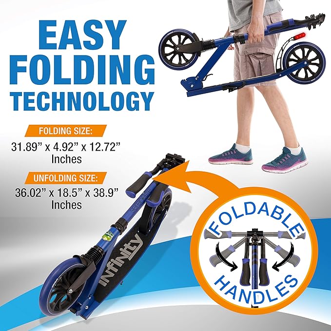 SereneLife Two Wheel Scooter for Teens, Smooth Gliding Kick Scooter for Adults w/Adjustable Height for Ages 8+, Portable All Terrain Scooter w/Carry Straps, Easy to Fold
