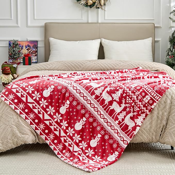 Edenleaf Christmas Blanket Soft Cozy Fleece Throws with Snowman Snowflake Reindeer and Xmas Trees Print, Fuzzy Warm Christmas Throw Blanket for Couch Bed Holiday Decorations Gifts 50"x60" (Red)
