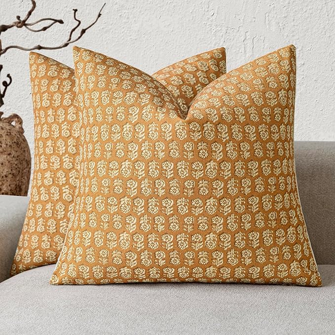 Foindtower Set of 2 Decorative Vintage Floral Print Throw Pillow Cover Neutral Modern Farmhouse Cushion Covers Boho Home Decor For Sofa Couch Chair Bedroom Living Room Outdoor,18×18 Inch,Golden Orange