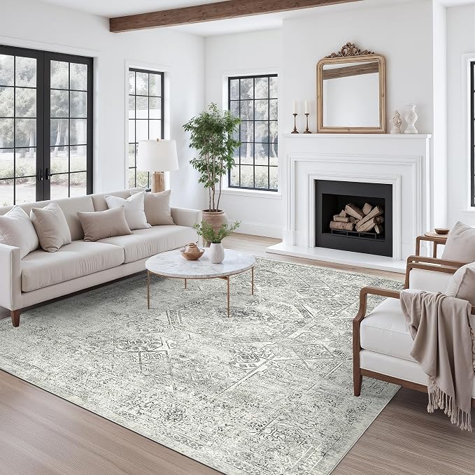 Soalmost Washable Area Rug 8x10 Large Soft Living Room Rugs Light Gray | Farmhouse Vintage Carpet Non-Slip for Dining Bedroom, Stain Resistant Low Pile Foldable Thin Floor Mat Under Table Home Decor