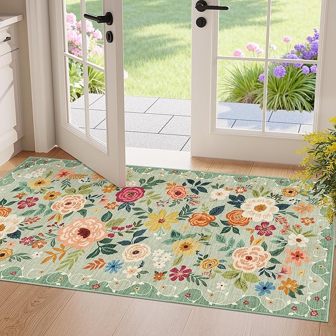 DUKINO 2x4 Entryway Rug, Floral Washable Kitchen Rugs Non Slip, Green | Low Pile, Soft Indoor Runner Rug for Hallway, Bedroom, Bathroom, Laundry, Pet Friendly, Modern Home Decor, Stain Resistant